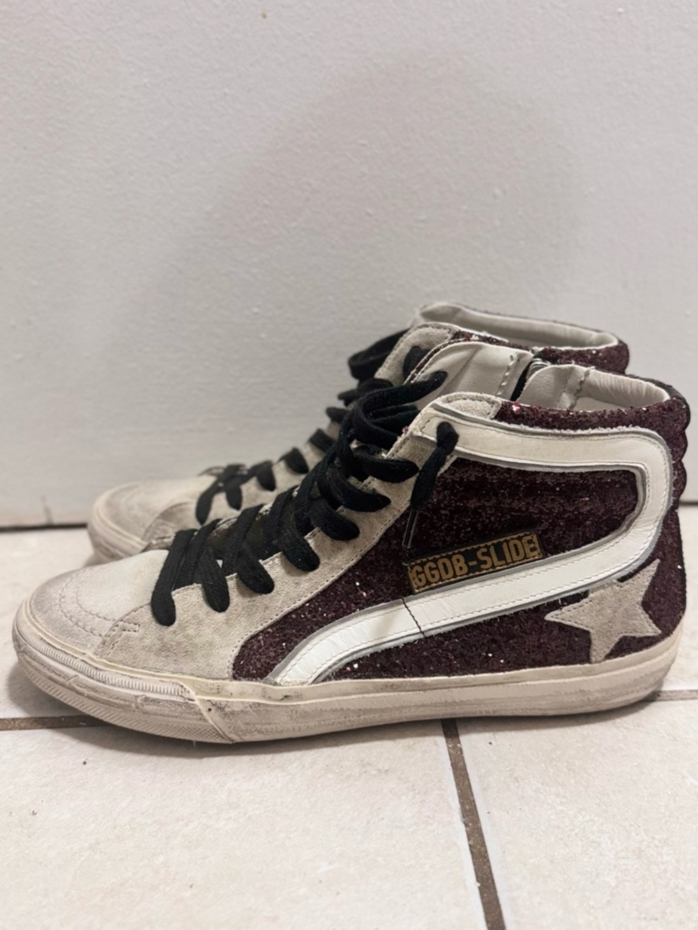 Golden Goose Slide Sneaker in Bordeaux Glitter & Ice Star w/o box